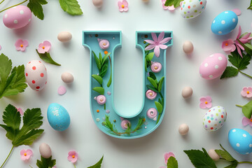 Colorful Easter-themed 3D illustration of the letter with flowers and eggs.