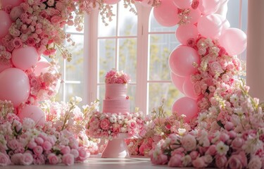 birthday pink decor backdrop , pink birthday cake, pink balloons