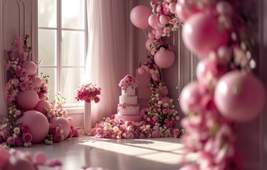 birthday pink decor backdrop , pink birthday cake, pink balloons