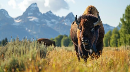 Bison in front of Grand Teton Mountain range with grass in foreground, Wildlife Photograph