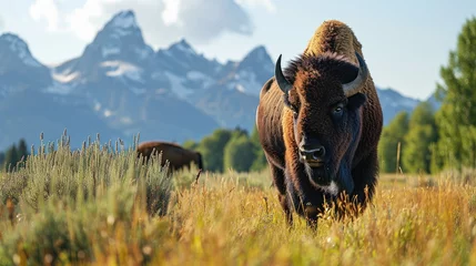 Foto auf gebürstetem Alu-Dibond Teton Range Bison in front of Grand Teton Mountain range with grass in foreground, Wildlife Photograph