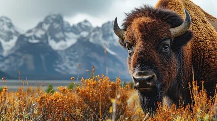 Cercles muraux Chaîne Teton Bison in front of Grand Teton Mountain range with grass in foreground, Wildlife Photograph
