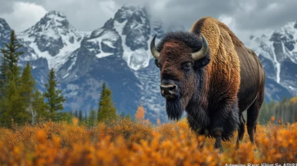 Cercles muraux Chaîne Teton Bison in front of Grand Teton Mountain range with grass in foreground, Wildlife Photograph