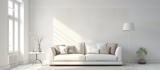 Fototapeta na wymiar A white sofa with cushions is the focal point of a living room, paired with a modern lamp casting a soft glow. The Scandinavian interior design features clean lines and a minimalist aesthetic.