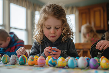 Fototapeta na wymiar Focused child creatively decorating Easter eggs with colorful patterns at a home setting..