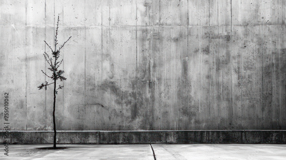 Poster a black and white photo of a small tree in front of a wall with a concrete floor in front of it.