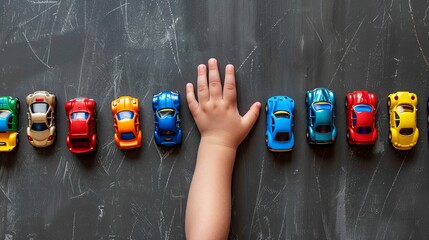 A child playing and placing toy cars of various colors