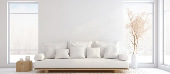 A white couch is placed in a minimalist living room, positioned next to a window. The room features a wooden floor and a large white landscape painting on the wall.