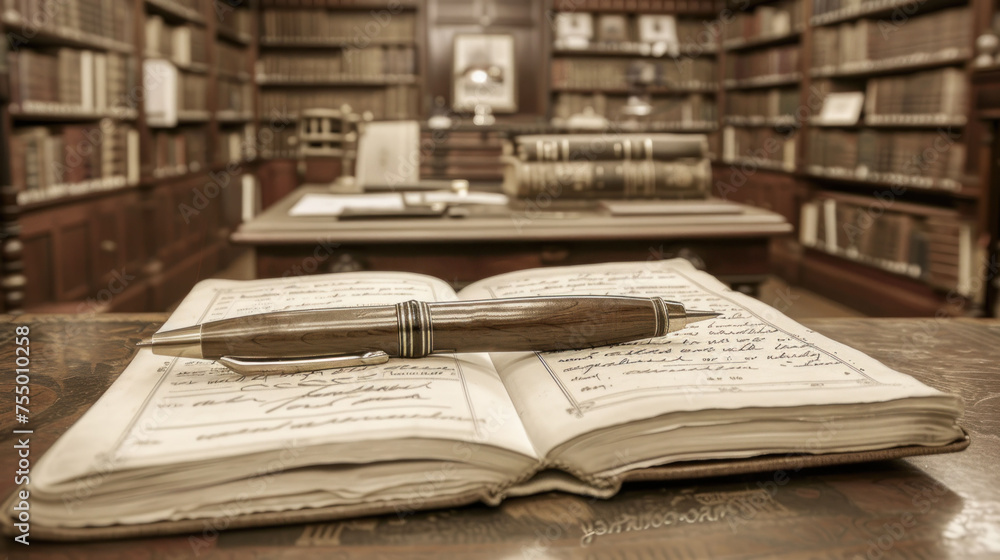 Poster a pen sitting on top of an open book on top of a table in front of a library full of books.