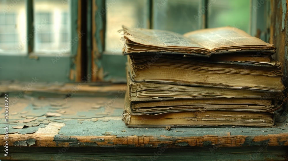 Poster a stack of old books sitting on top of a wooden table in front of a glass door with a window in the background.