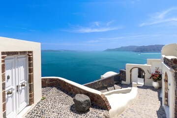 Greece, Greek Islands cruise, scenic panoramic sea views from top outlook of Oia.