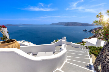 Greece, Greek Islands cruise, scenic panoramic sea views from top outlook of Oia. - obrazy, fototapety, plakaty