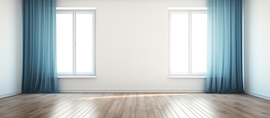 A photo of an empty room featuring two large windows with long blue curtains and a wooden parquet floor. The room is devoid of any furniture, creating a minimalist and spacious atmosphere.