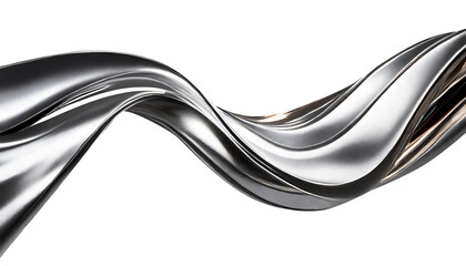 Abstract fluid metal bent form. Metallic shiny curved wave in motion. Cut out design element steel texture effect.