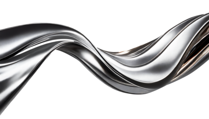 Abstract fluid metal bent form. Metallic shiny curved wave in motion. Cut out design element steel texture effect.