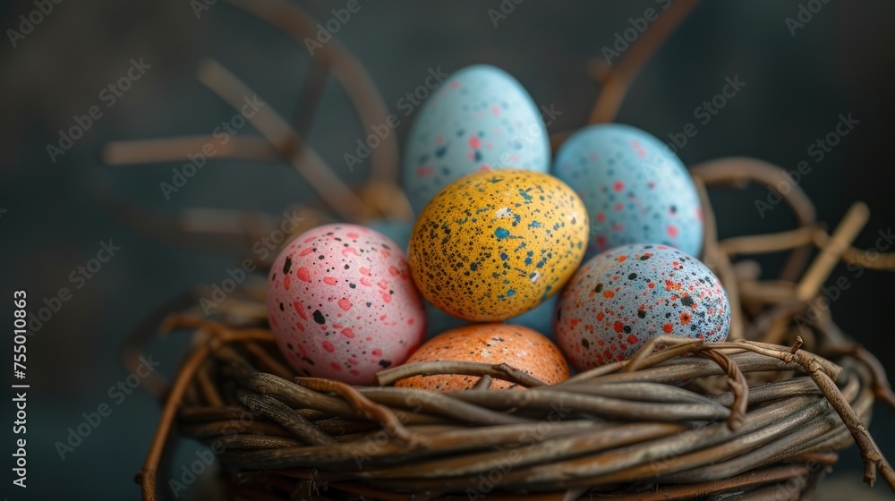 Poster a close up of a nest of eggs with speckled eggs in the middle of the nest, on a dark background.