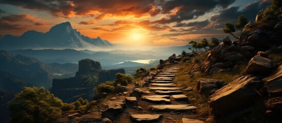 stairway to climb the mountain at sunset - obrazy, fototapety, plakaty