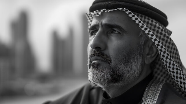 Close-Up of Arabian with City Background, black and white photo