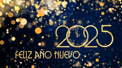 tarjeta o pancarta para desear un feliz año nuevo 2025 en oro con círculos dorados y brillo en efecto bokeh sobre un fondo azul - obrazy, fototapety, plakaty