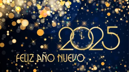 Fotobehang tarjeta o pancarta para desear un feliz año nuevo 2025 en oro con círculos dorados y brillo en efecto bokeh sobre un fondo azul © emmanuel