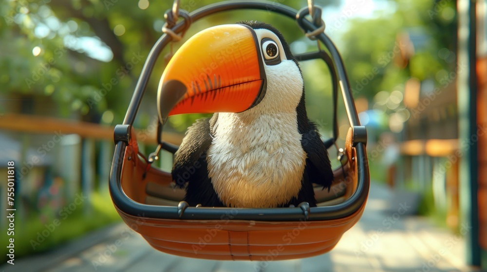 Poster a toucan is sitting in a swing in a playground with a tree in the back ground and a building in the 