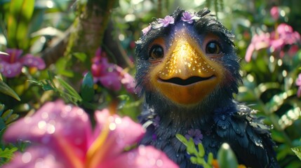 Obraz premium a close up of a bird in a field of flowers with water droplets on it's face and eyes.