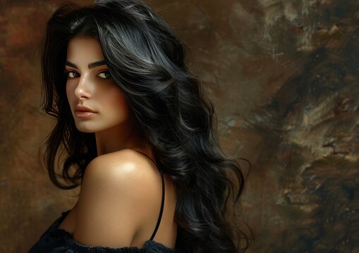 Serene Beauty with Lustrous Wavy Hair, intimate portrait of a woman with dark, wavy hair cascading over her shoulders, her gaze is pensive and soulful against a textured brown backdrop