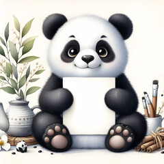 animals. Panda hand painted watercolor illustration blank space center.