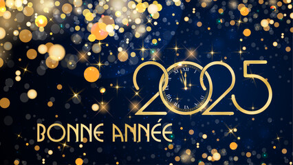 Fototapeta na wymiar carte ou bandeau pour souhaiter une bonne année 2025 en or avec des ronds et des paillettes de couleur or en effet bokeh sur un fond bleu
