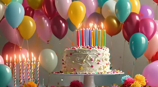 A short clip of Birthday decorations, a creamy cake with burning candles on it and around it and colorful balloons in background enhancing the beauty of the celebration.