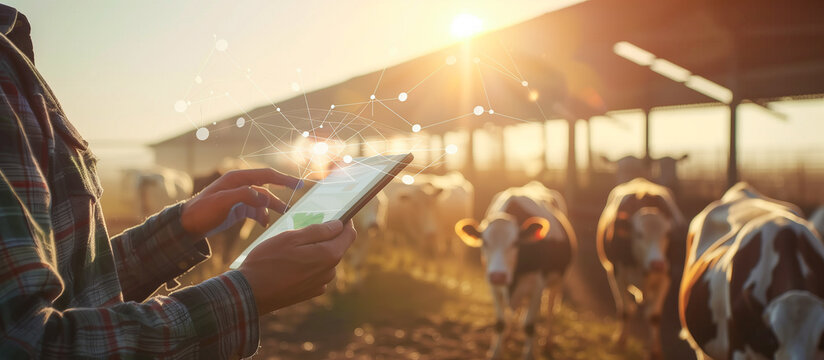 modern farm with technology concept background. young farmer use tablet in the cow farm