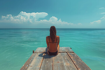 girl sits on a wooden pier overlooking the Sea.
