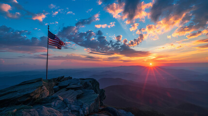 flag of United State of America in the mountain at the wonderful sunset 