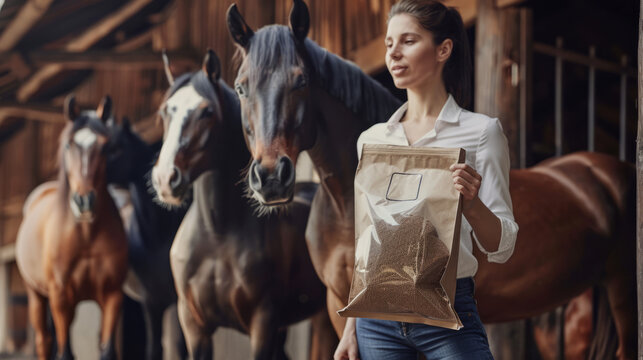 A professional young woman showcases a clear feed bag in a stable environment, illustrating equine care
