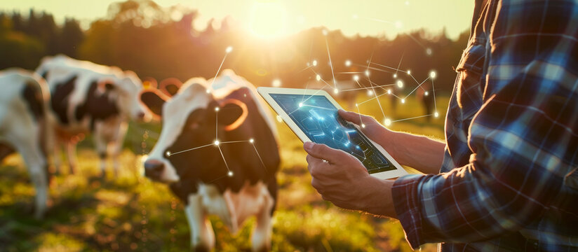 modern farm with technology concept background. young farmer use tablet in the cow farm