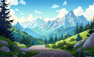 Mountain Road in Vector Art, Stylized vector illustration of a winding road through a lush mountain landscape, invoking the sense of adventure and tranquility associated with nature
