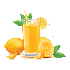 Vector orange juice healthy drink in glass and citrus fruit is isolated in the background