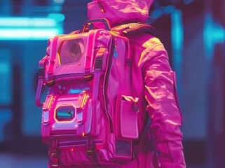 Neon Glow Futuristic Backpack, person from behind dons a vibrant pink, futuristic backpack with glowing neon outlines against a blurred urban backdrop, exuding a cyberpunk vibe