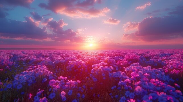 a field full of purple flowers under a blue sky with the sun setting in the middle of the picture and clouds in the background.