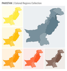 Pakistan map collection. Country shape with colored regions. Blue Grey, Yellow, Amber, Orange, Deep Orange, Brown color palettes. Border of Pakistan with provinces for your infographic.