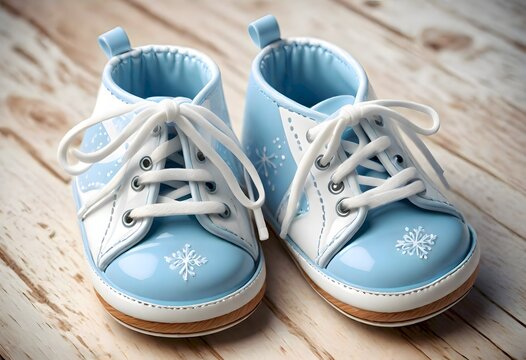 Blue Children boots on wooden surface with painted flowers, generated with AI