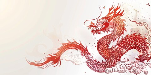 Flat lay chinese red dragon on white background. Modern design Dragon for traditional chinese 2024 year gold new lunar year, celebrative background for chinese new year of drago