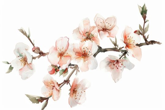 Watercolor illustration of a branch of a blossoming peach on a white background, spring flowers