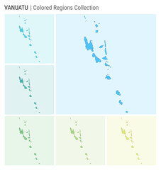 Vanuatu map collection. Country shape with colored regions. Light Blue, Cyan, Teal, Green, Light Green, Lime color palettes. Border of Vanuatu with provinces for your infographic. Vector illustration.
