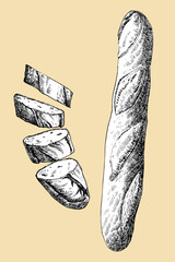 Homemade baguette, hand drawn sketch, vector illustration  - 755013286