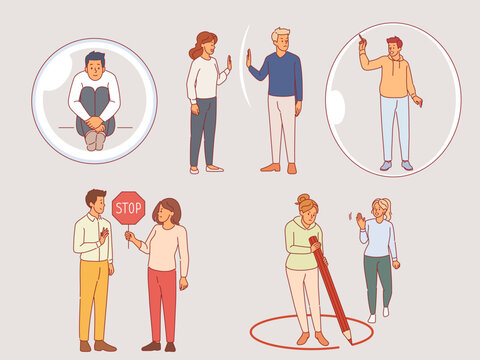 Personal boundaries. Attempts to invade private space, social distance, psychological constraints, protecting and violating, men and women in bubble, drawing red line, vector cartoon set