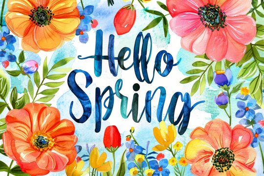 Watercolor illustration of a frame of spring flowers, inside the text Hello Spring, spring background