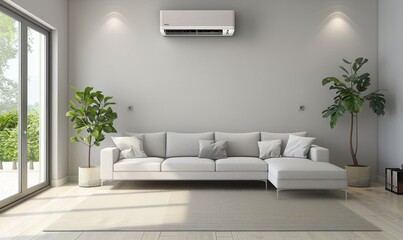 Living room interior, where the air conditioner smoothly cools the room