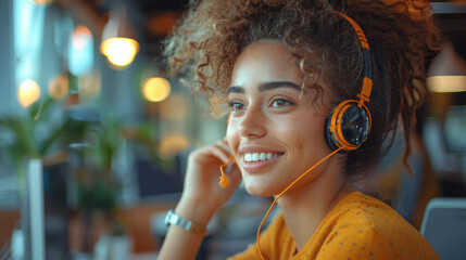 Smiling female customer support operator with headset working at customer service call center office.