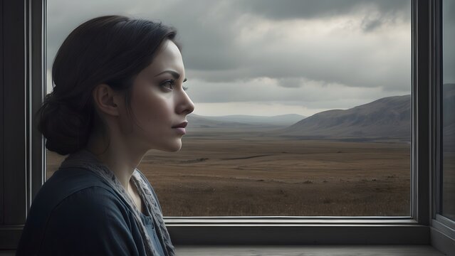 A Detached Image Of A Woman Staring Out A Window With A Blank Expression, The Dreary Landscape Outside Mirroring Her Internal Disinterest, Generative AI